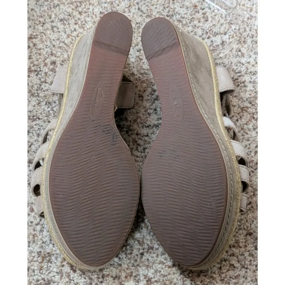 Clarks Collection Sandals Taupe Leather Straps Open Toe Platform Wedge Size 10 M